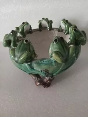 Vintage Pottery Majolica Style Frog Bowl Green Glaze Unsigned • $35