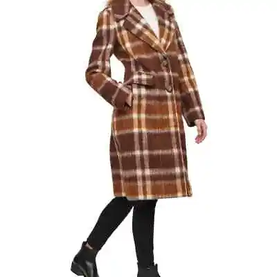 CALVIN KLEIN Brown White Marigold Women's Long Plaid Coat Poly Wool Cashmere  2 • $119.99
