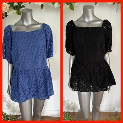 $23.72 • Buy Simply Be Top Size 16 & 22 Black Blue Short Sleeve Square Neck Broderie New LJ36