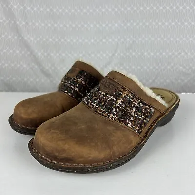 Ugg Brown Leather Clogs Women’s 6 Plaid Twill Y2K 90s Vintage Look Bohemian • $20