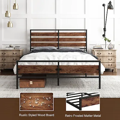 $169.85 • Buy Queen Size Bed Frame Platform Base With Metal Slats Wooden Headboard Storage