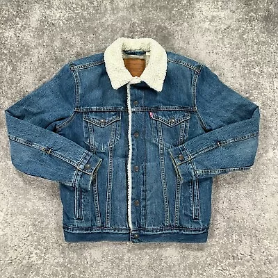 Levis Trucker Jacket Mens Small Blue Denim Sherpa Lined Premium Big E Retro Logo • $39.98