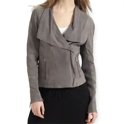 VINCE | XS | Women's Grey Suede Leather Mixed Media Drape Collar Biker Jacket • $78