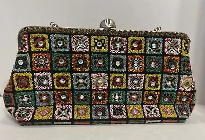 VTG 60s Handbag Tapestry Purse BEADED EMBROIDERED CRYSTAL GRANNY SQUARE DESIGN • $65.99