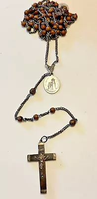Vintage 40'' Habit Rosary W. Wood Beads And Religious Medals Priest Nun Antique • $125