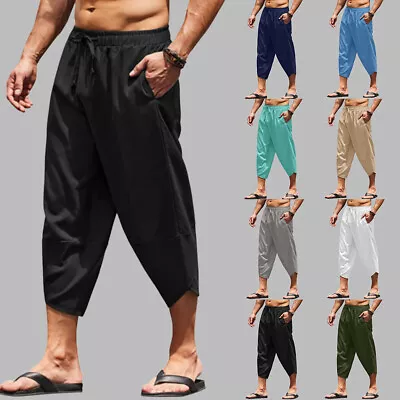 Mens 3/4 Length Capri Harem Pants Casual Sport Yoga Loose Cropped Hippy Trousers • $13.79