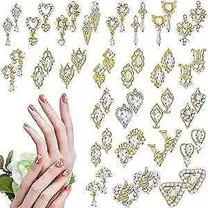  54 Pieces Gold Nail Charms Rhinestones Heart Nail Charms Alloy 3D Dangle Nail  • $27.32