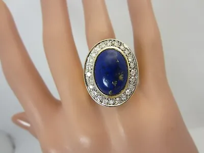 14K Yellow Gold Lapis Lazuli And 0.60 Ct Diamond Ring Large 17 X 12 Mm. • $1595