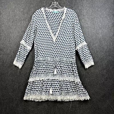 Melissa Odabash Dress Medium Women's White Blue Claudia Tunic Fringe Tassels • $49.99