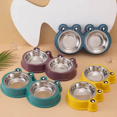£5.59 • Buy Pet Double Bowls Dog Puppy Twin Steel Bowl Animal Cat Food Water Feeding Dish UK