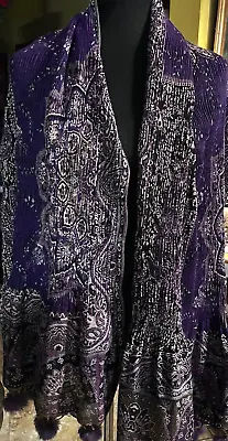 100% Pashmina (100% Wool) Purple Print Tiny Pleats Rabbit Fur Poms Wrap/Scarf • £77.20