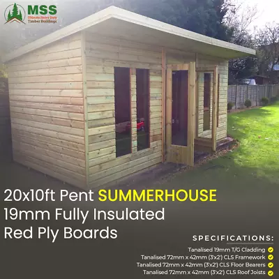 20x10FT Pent Summerhouse 19mm Fully Insulated Red Ply Boards With 2 Ft Canopy • £8106.94