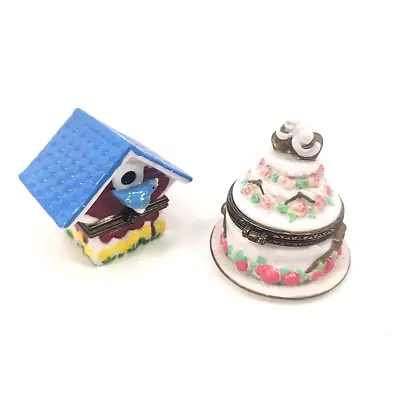 Midwest Cannon Falls Wedding/Ann Cake & Birdhouse Trinket Porcelain Hinged Boxes • $16.50