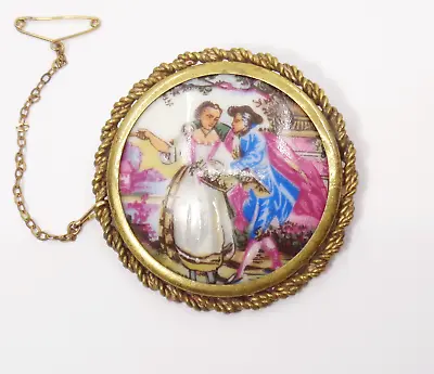 Vintage 1930s Gold Tone Courting Couple Porcelain Brooch Signed Limoges France • £7.99