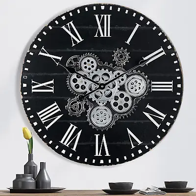 23 Inch Wooden Large Wall Clock With Moving Gears. Roman Numeral Moving Gears Wa • $98.99