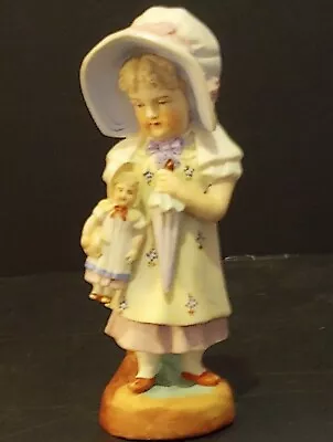 Lovely Antique German Bisque Figurine Child With Umbrella & Doll H. 7  C.1910 • £51.53