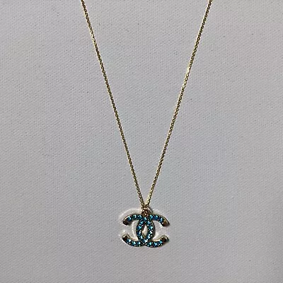 Chanel Coco CC Logo Gold Turquoise Rhinestone Charm Necklace  • $150