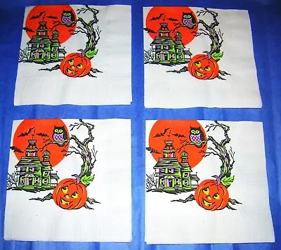 4 VINTAGE 1950's HALLOWEEN Paper Party Napkin With HAUNTED HOUSE OWL BATS JOL • $5