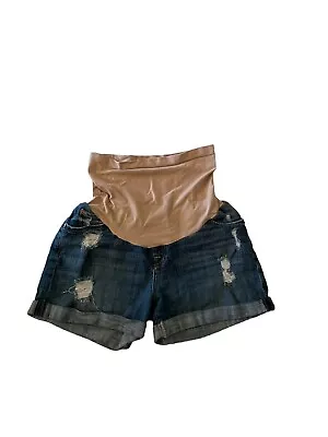 7 For All Mankind Denim Maternity Jean Shorts Blue Distressed Size 29x3 EUC • $26.21