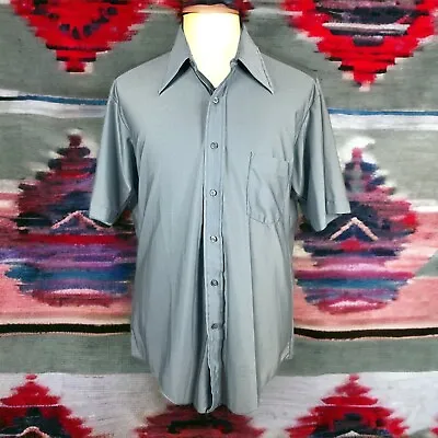 Vintage 1970s Disco Shirt Mens 16.5 Light Blue Qiana Nylon Sears Golden Comfort • $43.06