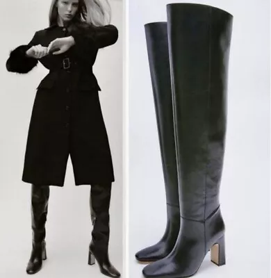 Zara Black Leather Knee High Block Heel Boots UK Size 6 - BNWT RRP £119.00 • £30