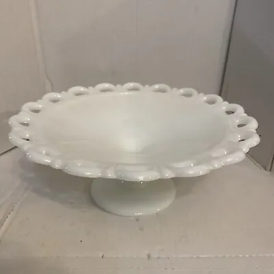 Anchor Hocking Serving Bowl Pedestal Milk Glass Lace Edge Compote Dish Stand • $18.70