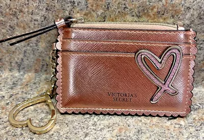 VICTORIA'S SECRET Metallic Rose Gold Pink Heart Card Case Keychain Coin Purse • $9.99