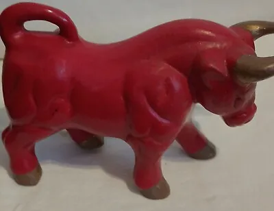 Vintage Red Bull Fighter Figurine Statue Ceramic MCM Red With Gold Horns & Hoffs • $12.99