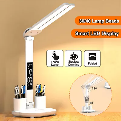 LED Desk Lamp USB Dimmable Touch Foldable Table Light Calendar Temperature Clock • $29.99