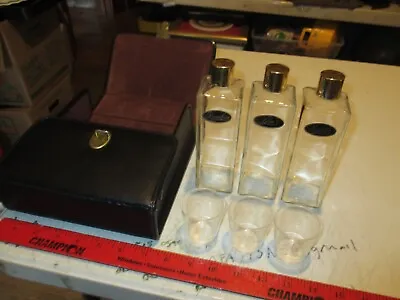 Vintage Travel Liquor Set With Scotch Gin Bourbon Decanter's Black Leather Case • $20