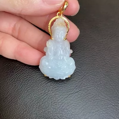 14k Solid Gold Natural Jadeite Jade Kwan Quan Yin White Female Buddha Pendant  • $802.70