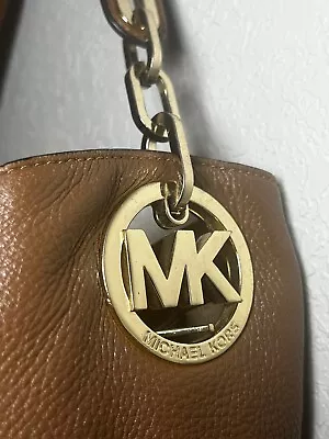 Michael Kors Fulton Caramel Pebble Leather Chain Shoulder Bag Tote Purse Large • $95