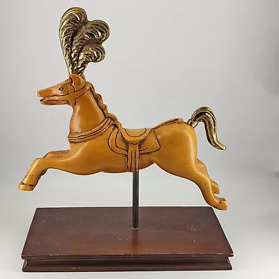 Vintage Carved Wood Head Up Circus Pony With Brass Plume Carousel Horse On Base • $48