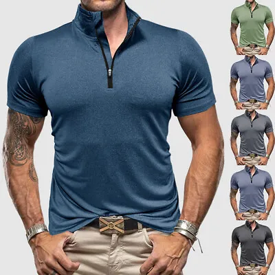 Mens Short Sleeve Polo Shirts Summer Casual Work Golf Collar Zip Up T Shirt Tops • £3.19
