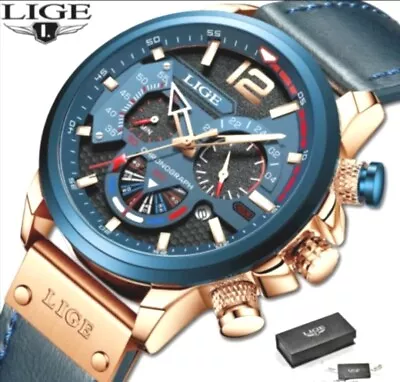 Mens Wristwatch Sports Quartz Blue Leather Strap Waterproof Chronograph Watch • £21.99