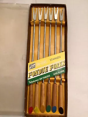 Vintage Fondue Forks Stainless Steel Wood Handles Set Of Six In Original Box • $12