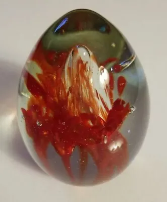 Egg Shaped Paperweight Red Swirls Large Center& Smaller Bubbles Clear 3 Inches  • $7.48