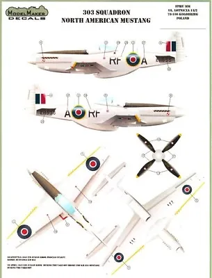 Model Maker Decals 1/72 NORTH AMERICAN P-51D MUSTANG Polish R.A.F. 303 Squadron • $10.99