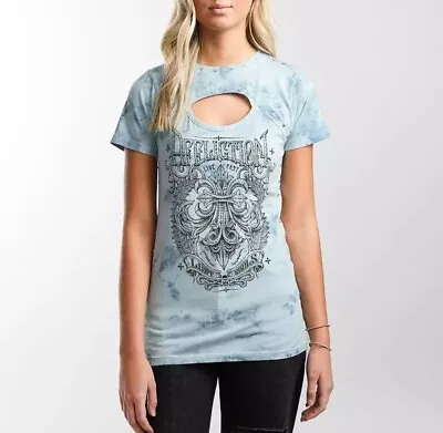 Affliction Women's CORRODED Short Sleeve Scoop Peekaboo Neck T-Shirt LARGE NWT • $67.92