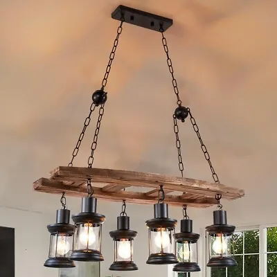 6-Light Ladder Chandelier Rustic Wood Pendant Lamp Kitchen Island Ceiling Lights • $149.39