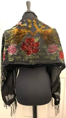 Occasion Wear: Beaded Silk Velvet Peacock Scarf Shawl In Black W/ Fringe • £35