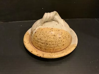 $65 • Buy Artist Signed Vintage Speckled  Pottery Covered Cheese Keeper 