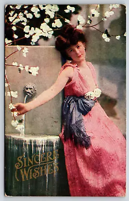 Woman In Pink Dress Fountain Flowers Sincere Wishes Antique Vintage Postcard • $5.99