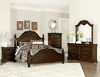 4 Pc Dark Cherry Finish Carved Queen Bed Ns Dresser Mirror Bedroom Furniture Set • $1799