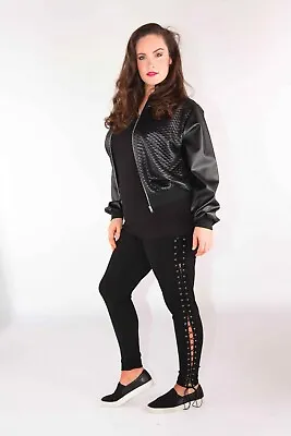 Black Lace Up Panel Leggings Plus Size Curvy UK Size 16 18 20 22 24 26 • £18