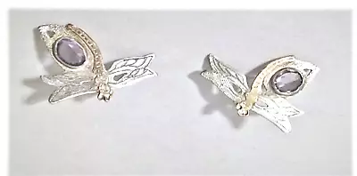 Vintage Sterling Silver & 14K RG W Amethyst Dragonfly Artisan Post Earrings Lot • $59.99