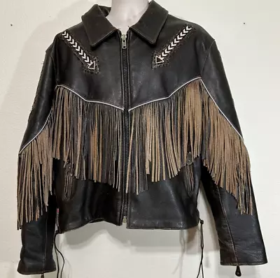 LEATHER GALLERY Biker Jacket Black Fringe Beading Size Large Reflective 2543 • $79.99