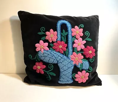 Vintage Crewel Embroidered Velvet Pillow Satin Back Basket Flowers • $40