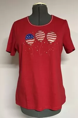Quacker Factory Top Womans Med Beaded Red Short Sleeve Cotton New • $12.99