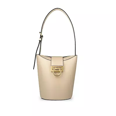 Salvatore Ferragamo 2023 Small Beige Calf Leather Trifolio Bucket Shoulder Bag • $1090